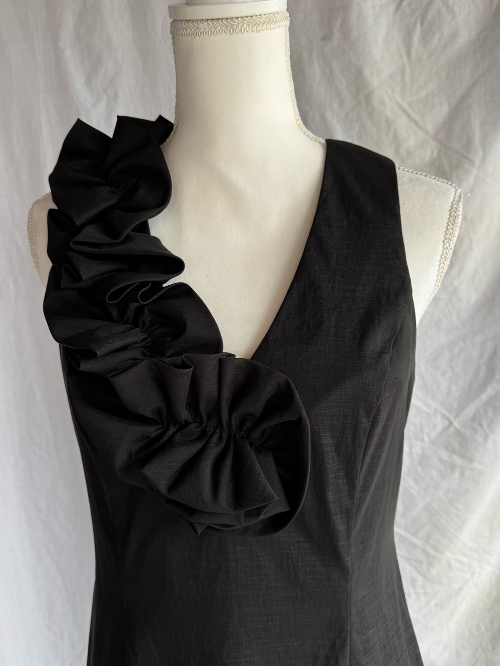 Black Ruffle-Detail V-Neck Women's Dress
